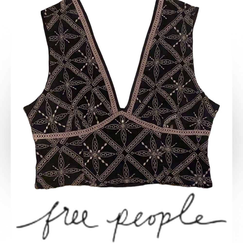 Free People Black Embroidered V-Neck Crop Top